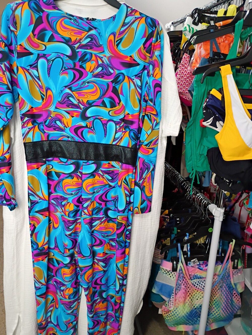 LECOIR Blue Multicolor Swirl Long-Sleeve Jumpsuit - Bodycon Bodysuit -Large NWOT - Picture 5 of 10